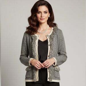 Nicole Alexander Boucle Sweater Jacket Cardigan Knit Buttons Pockets Metallic L